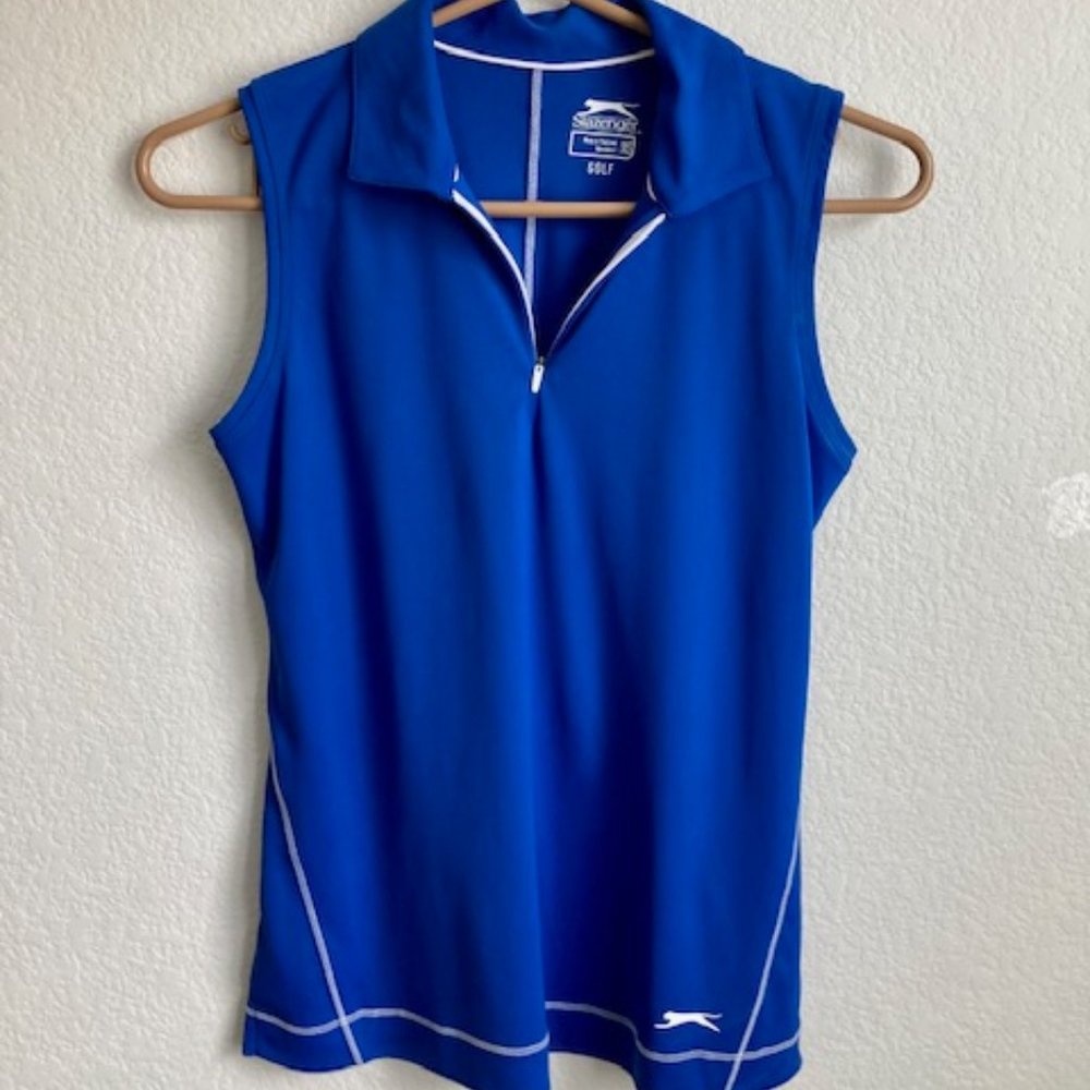 Womens Blue Sleeveless Zip Front Golf Top